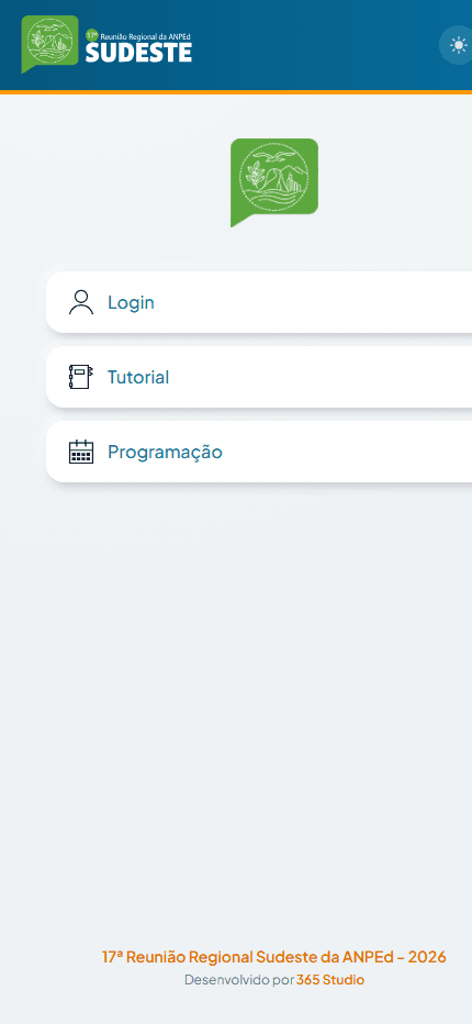 Tela inicial do webapp da ANPEd, com acesso a Login, Tutorial e Programação