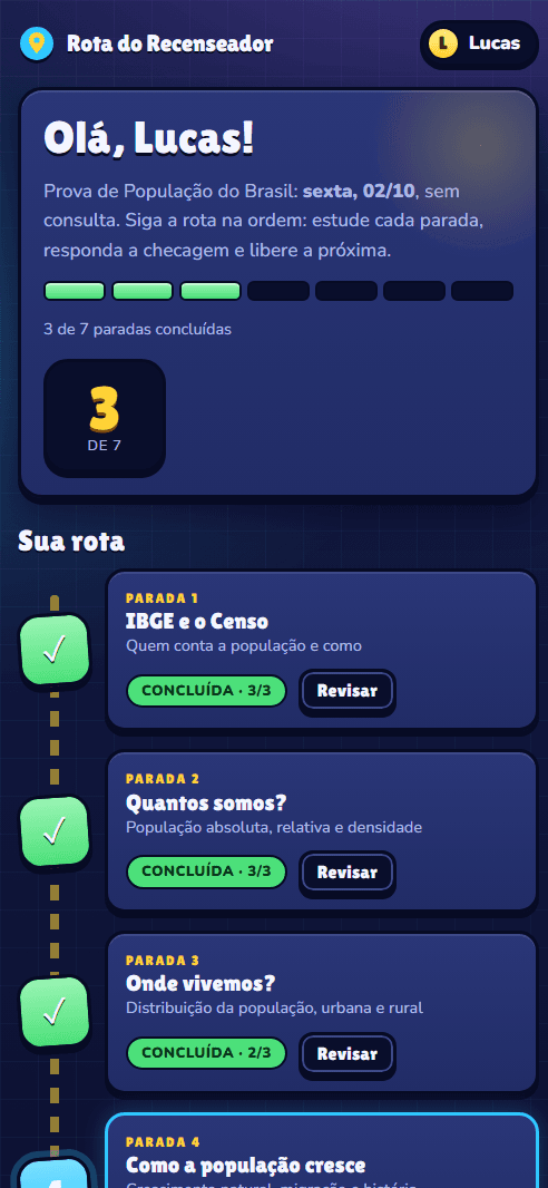 Tela inicial do app com a rota de 7 paradas, barra de progresso e paradas concluídas
