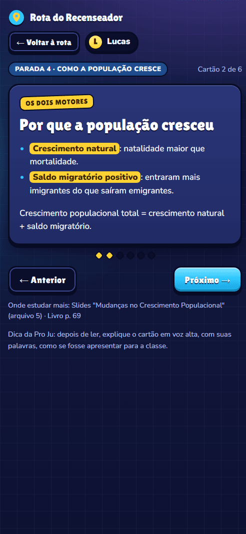 Cartão de estudo da parada Como a população cresce, explicando crescimento natural e saldo migratório